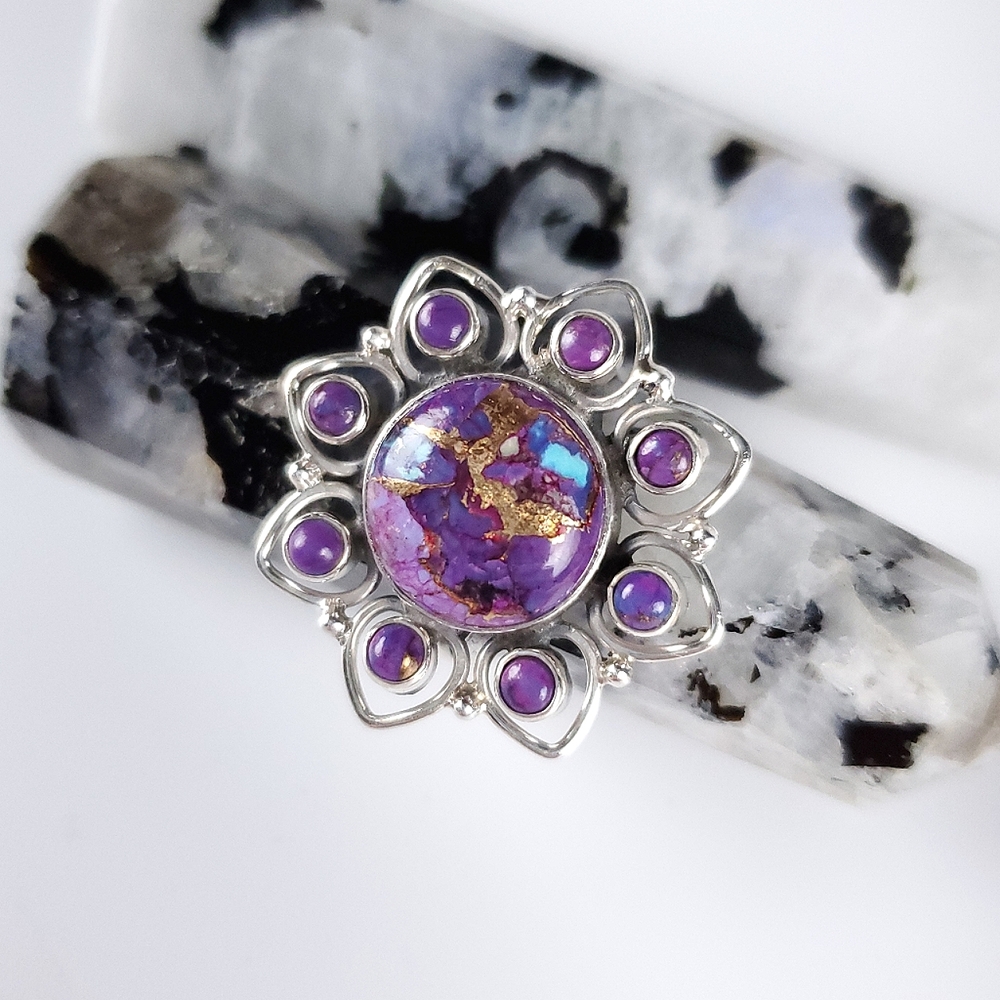 925 Sterling Silver Purple Copper Turquoise Flower Ring Size 9 New - Picture 6 of 13